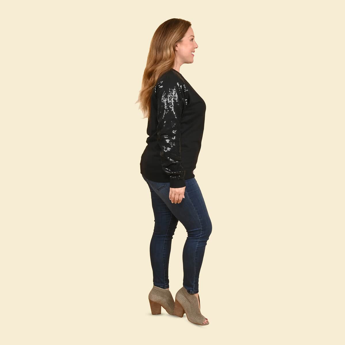 Tamsy Black 100% Cotton Knitted Fleece Sweat Shirt with Sequin Sleeves Size - 1X image number 2