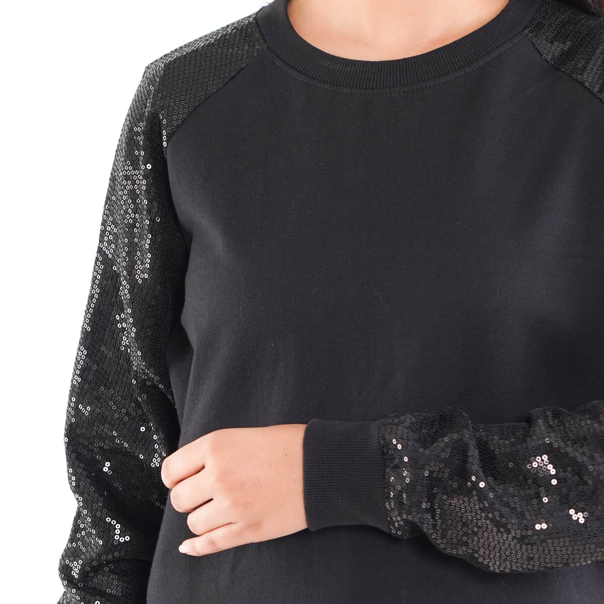 Tamsy Black 100% Cotton Knitted Fleece Sweat Shirt with Sequin Sleeves Size - 1X image number 4