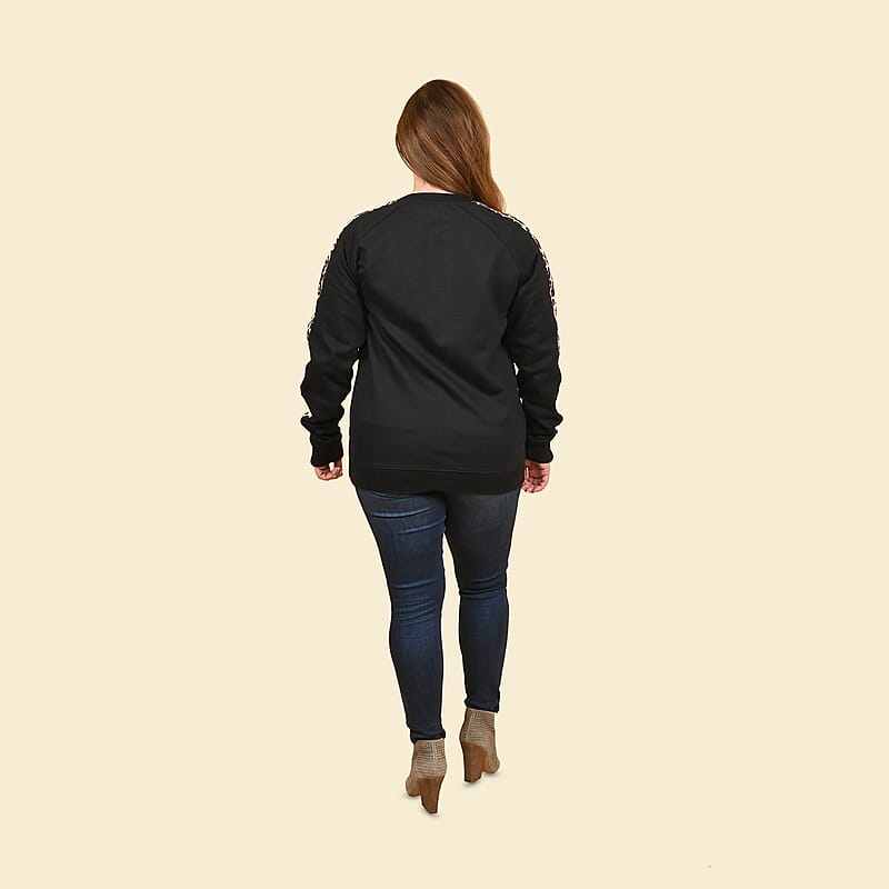 Tamsy Black 100% Cotton Knitted Fleece Sweat Shirt with Print on Sleeves Size - L