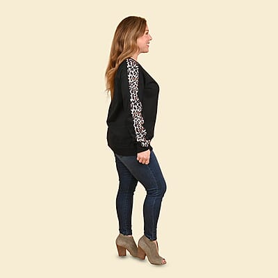 Tamsy Black 100% Cotton Knitted Fleece Sweat Shirt with Print on Sleeves Size - L