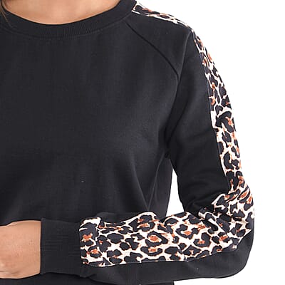 Tamsy Black 100% Cotton Knitted Fleece Sweat Shirt with Print on Sleeves Size - L