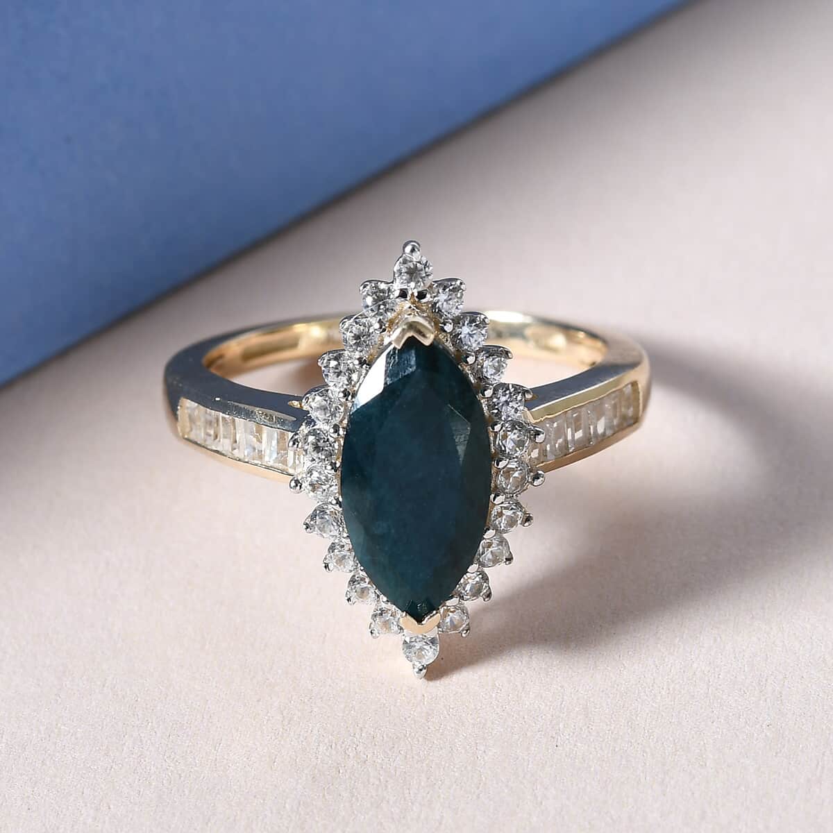 Luxoro 10K Yellow Gold AAA Teal Grandidierite, White Zircon Halo Ring (Size 7.0) 2.65 ctw image number 1
