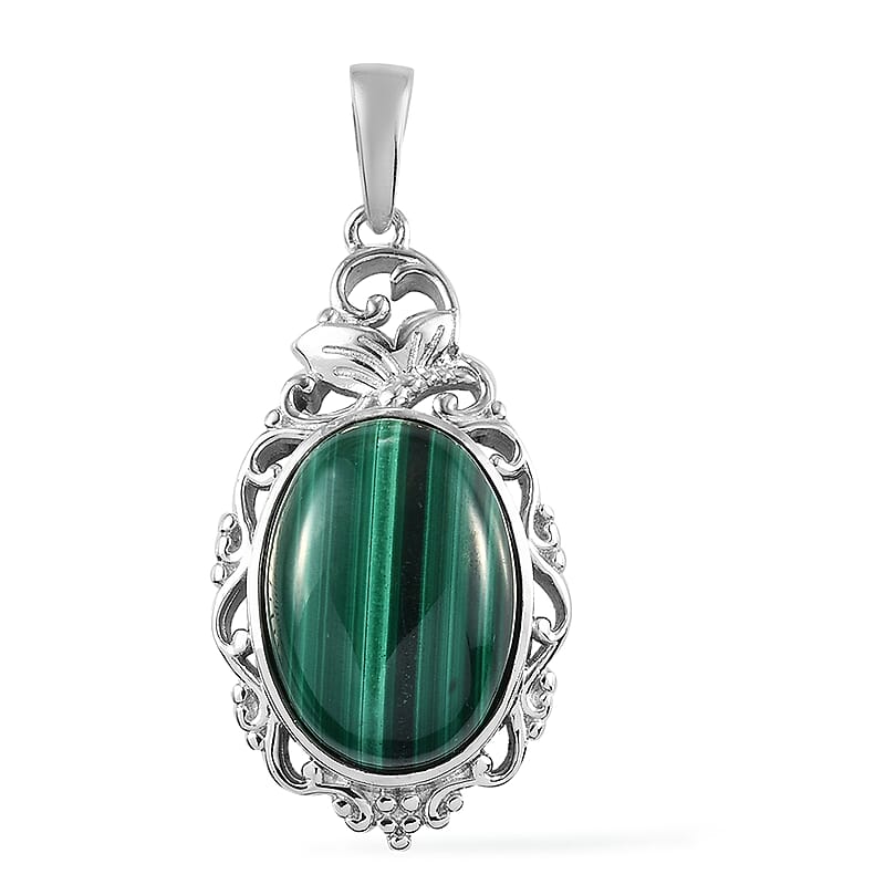 African Malachite Solitaire Pendant in Platinum Over Copper with Magnet 14.25 ctw