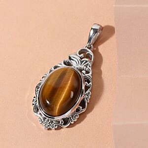 Tiger's Eye Solitaire Pendant without Chain in Platinum Over Copper with Magnet 11.60 ctw