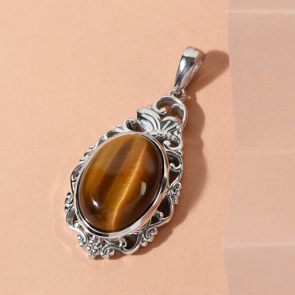 Tiger's Eye Solitaire Pendant in Platinum Over Copper with Magnet 11.60 ctw image number 1