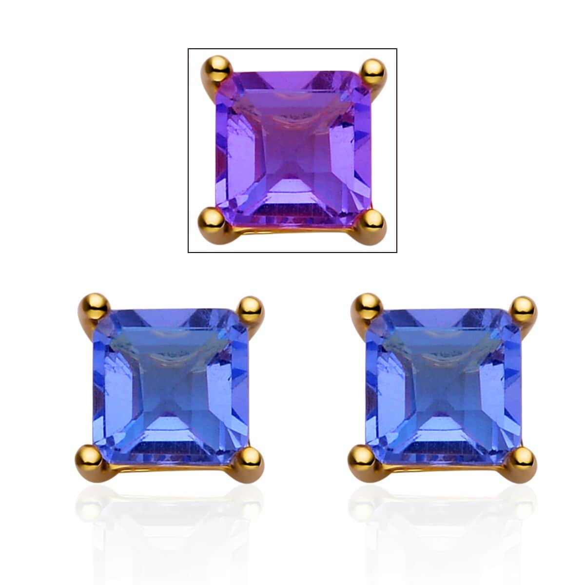 Asscher Cut Color Change Fluorite Solitaire Stud Earrings in Vermeil Yellow Gold Over Sterling Silver 2.75 ctw image number 0