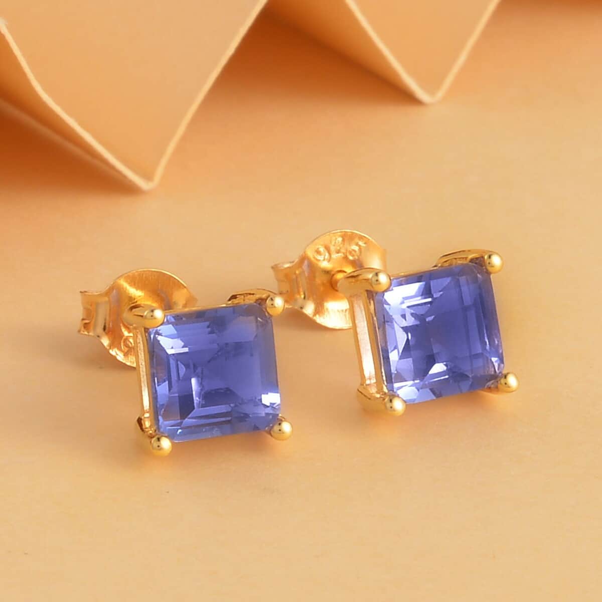 Asscher Cut Color Change Fluorite Solitaire Stud Earrings in Vermeil Yellow Gold Over Sterling Silver 2.75 ctw image number 1