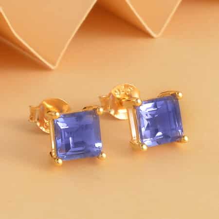 Asscher Cut Color Change Fluorite Solitaire Stud Earrings in Vermeil Yellow Gold Over Sterling Silver 2.75 ctw image number 1