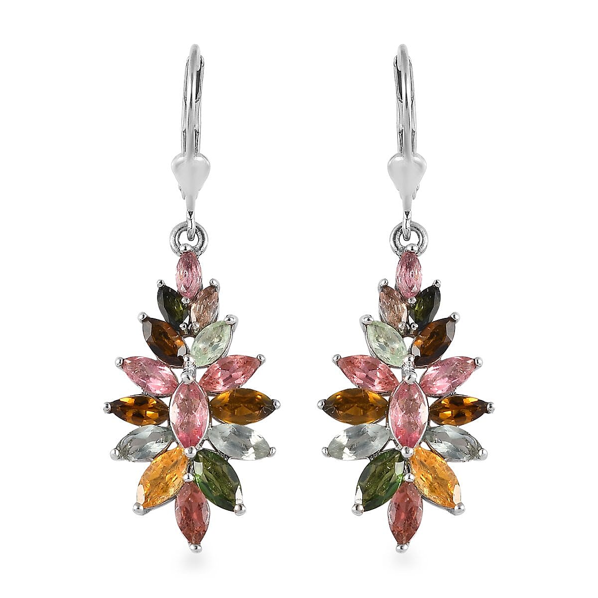 Multi-Tourmaline Floral Spray Earrings in Platinum Over Sterling Silver 4.50 ctw