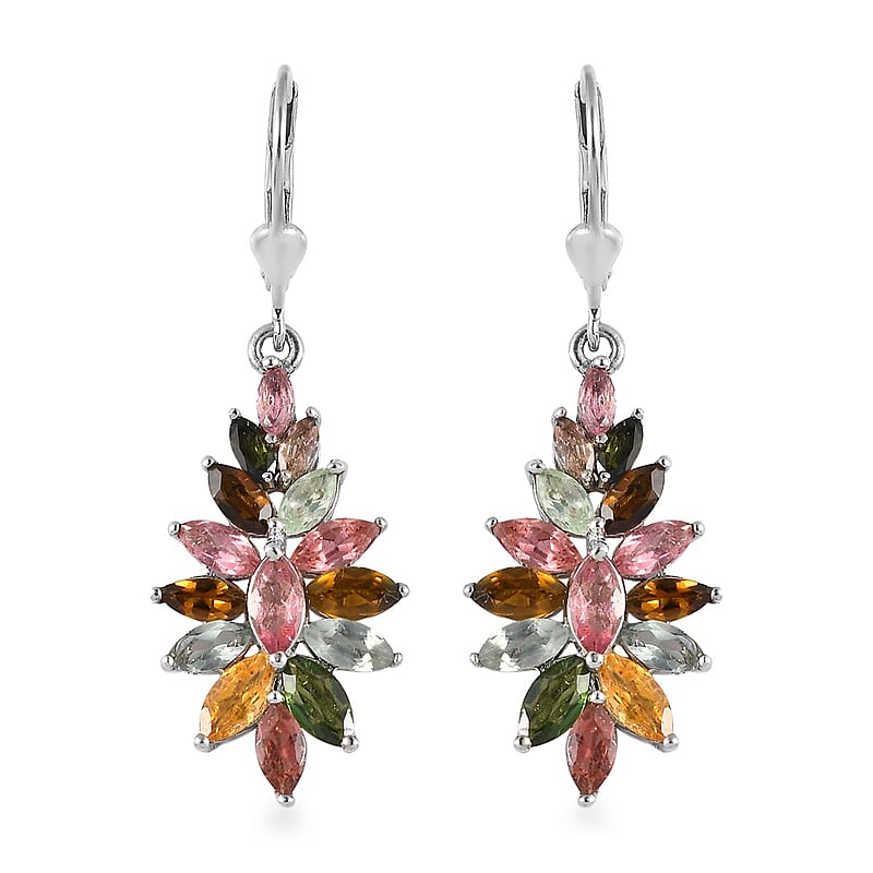 Multi-Tourmaline Floral Spray Earrings in Platinum Over Sterling Silver 4.50 ctw