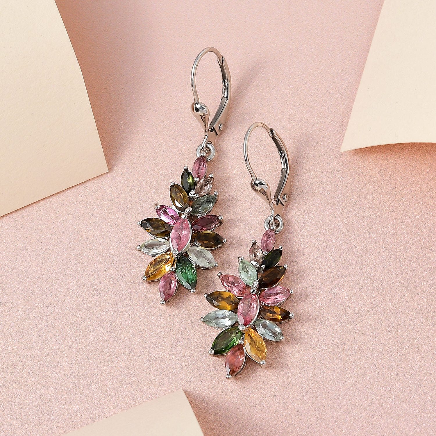 Multi-Tourmaline Floral Spray Earrings in Platinum Over Sterling Silver 4.50 ctw