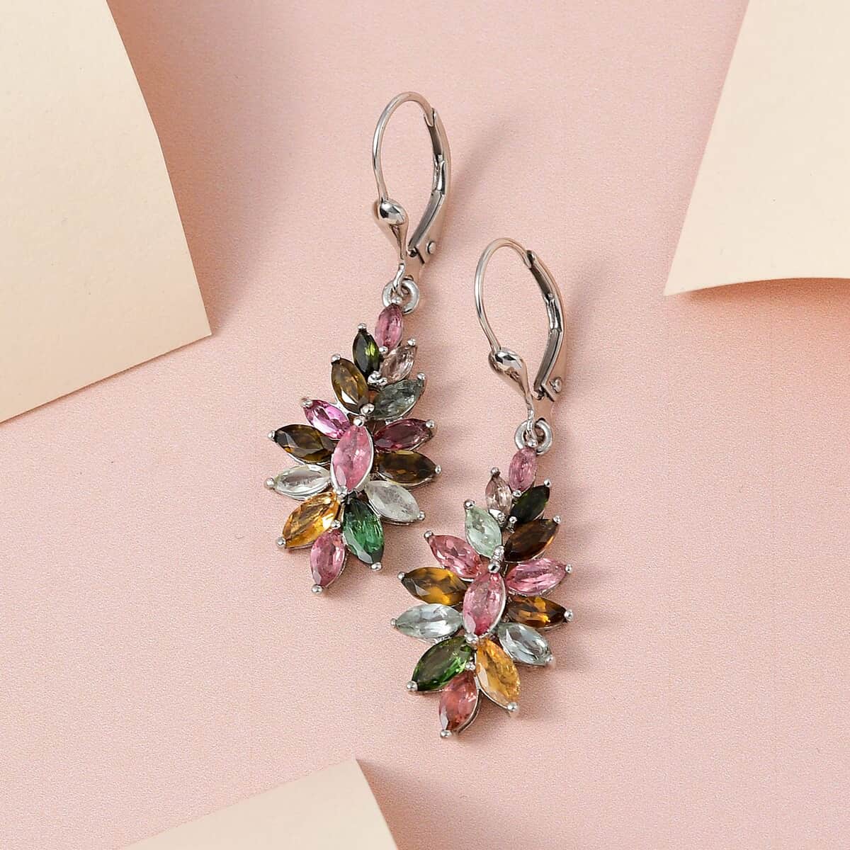 Jardin Collection Multi-Tourmaline Floral Spray Earrings in Platinum Over Sterling Silver 4.50 ctw image number 1