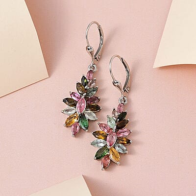 Multi-Tourmaline Floral Spray Earrings in Platinum Over Sterling Silver 4.50 ctw