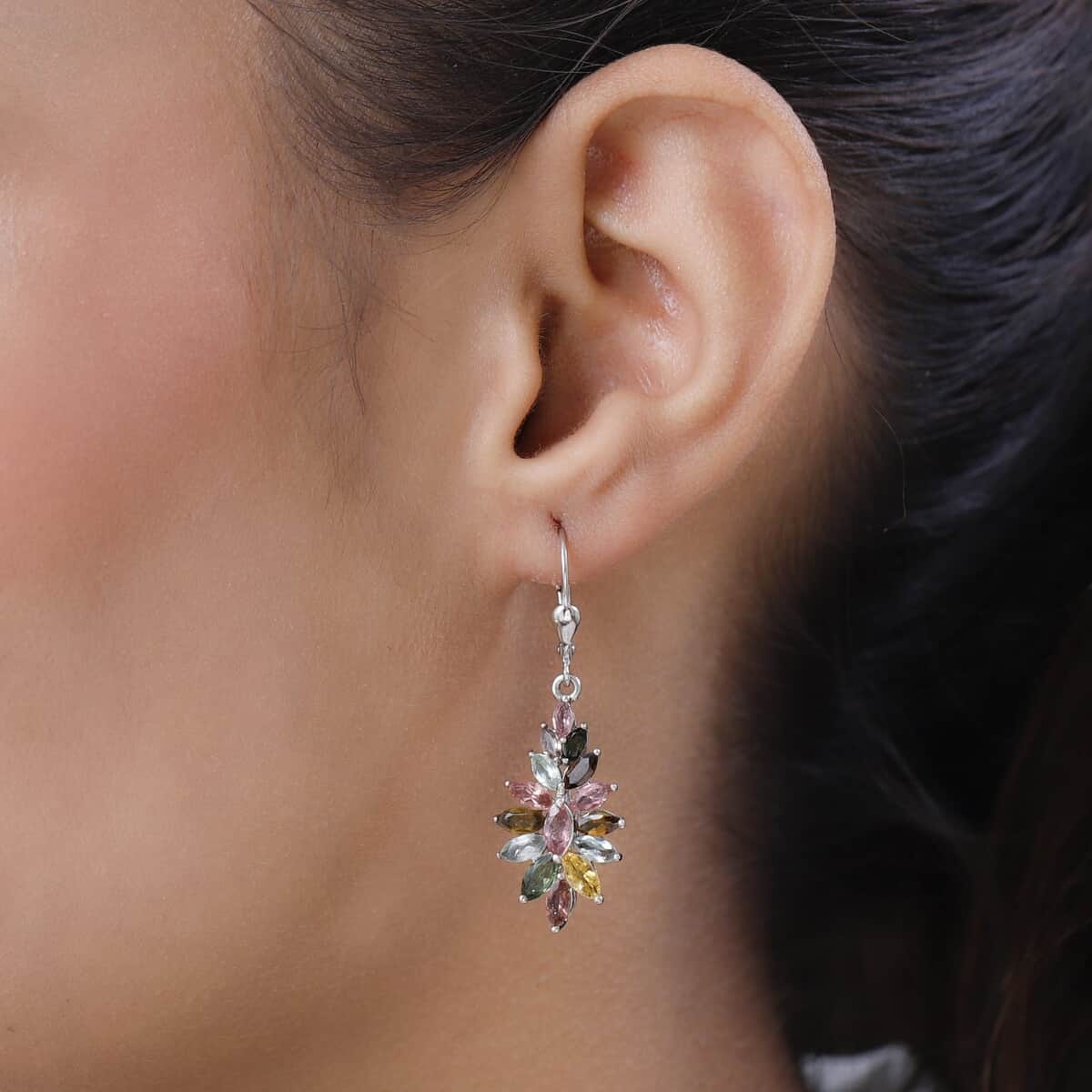 Jardin Collection Multi-Tourmaline Floral Spray Earrings in Platinum Over Sterling Silver 4.50 ctw image number 2