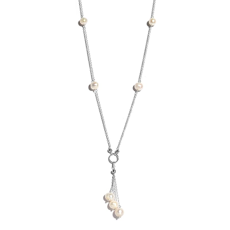 White Freshwater Pearl Station Necklace 20 Inches in Sterling Silver 25.90 ctw
