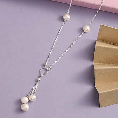 White Freshwater Pearl Station Necklace 20 Inches in Sterling Silver 25.90 ctw