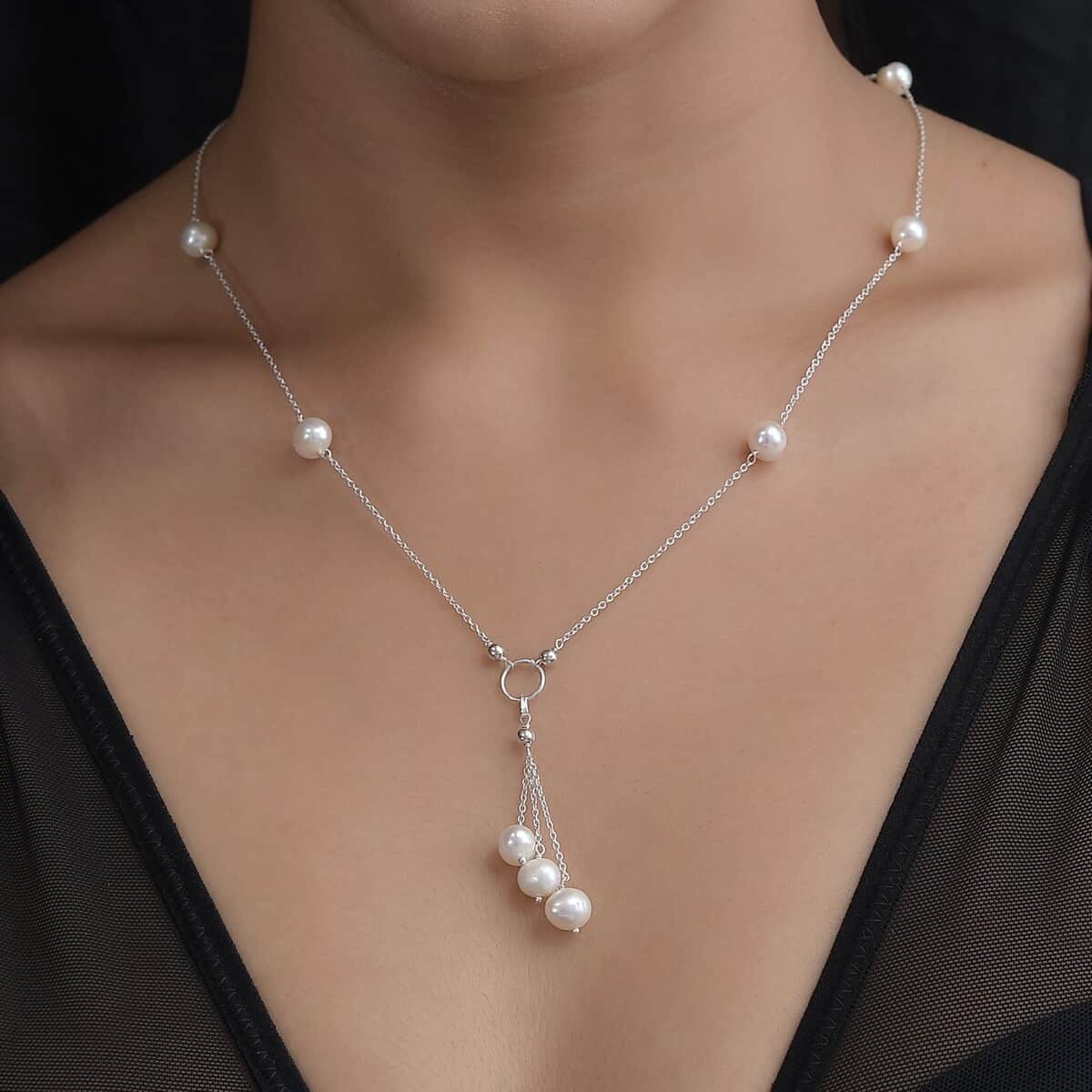 White Freshwater Pearl Station Necklace 20 Inches in Sterling Silver 25.90 ctw image number 2