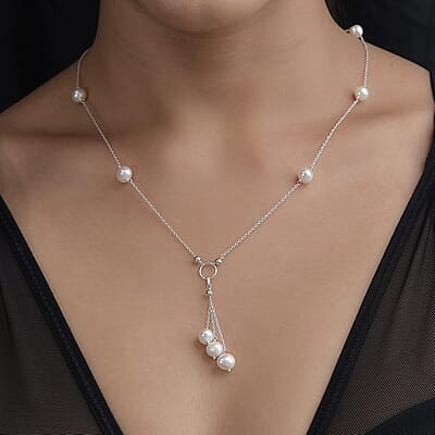 White Freshwater Pearl Station Necklace 20 Inches in Sterling Silver 25.90 ctw