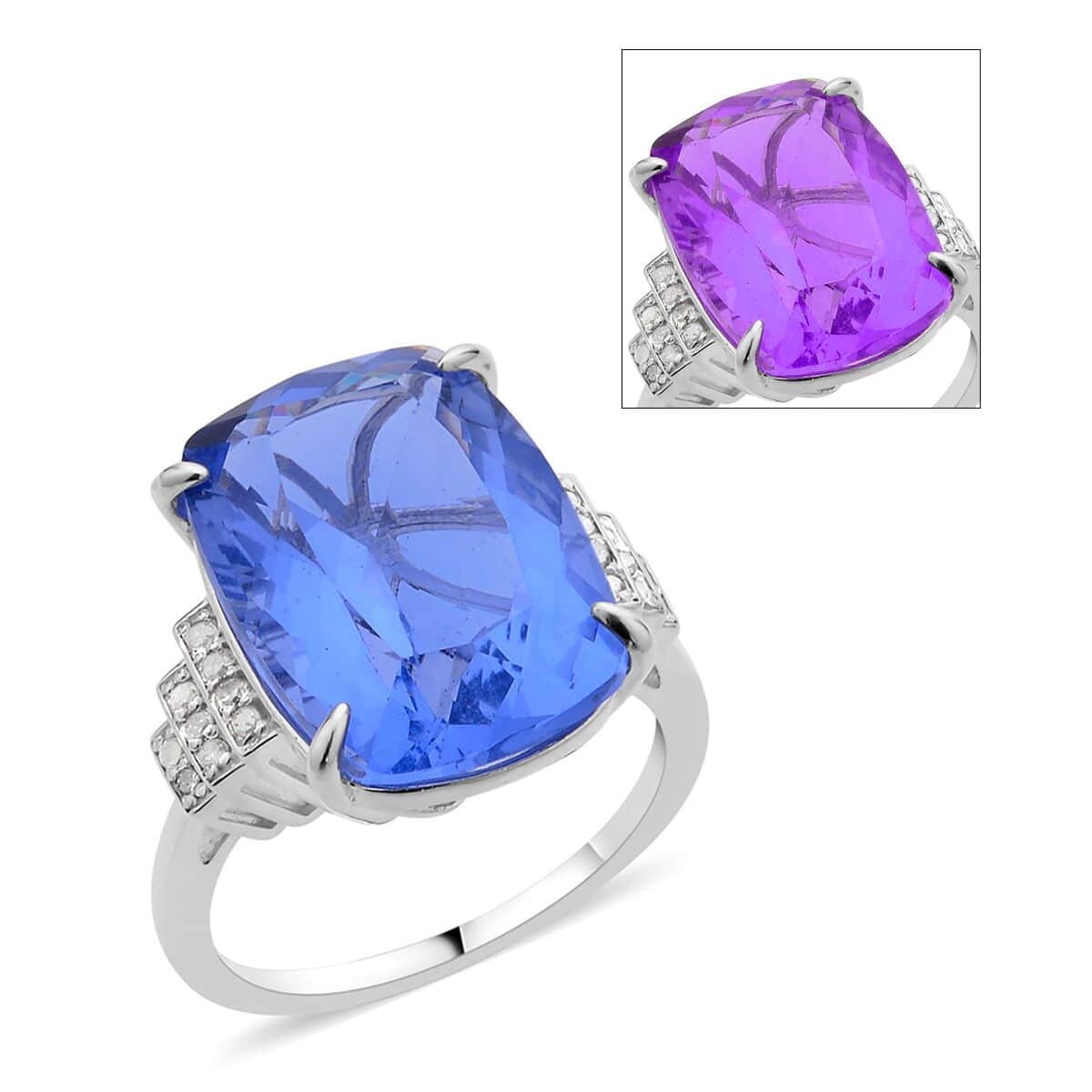 Color Change Fluorite and Diamond Ring in Rhodium Over Sterling Silver (Size 10.0) 16.00 ctw image number 0