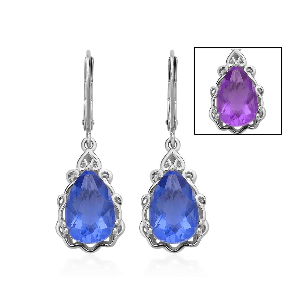 Color Change Fluorite Solitaire Lever Back Earrings in Rhodium Over Sterling Silver 7.10 ctw image number 0