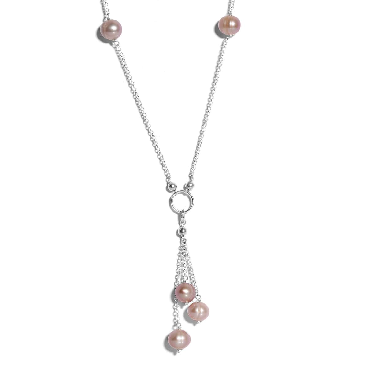 Peach Freshwater Pearl Station Necklace 20 Inches in Sterling Silver 22.25 ctw image number 3