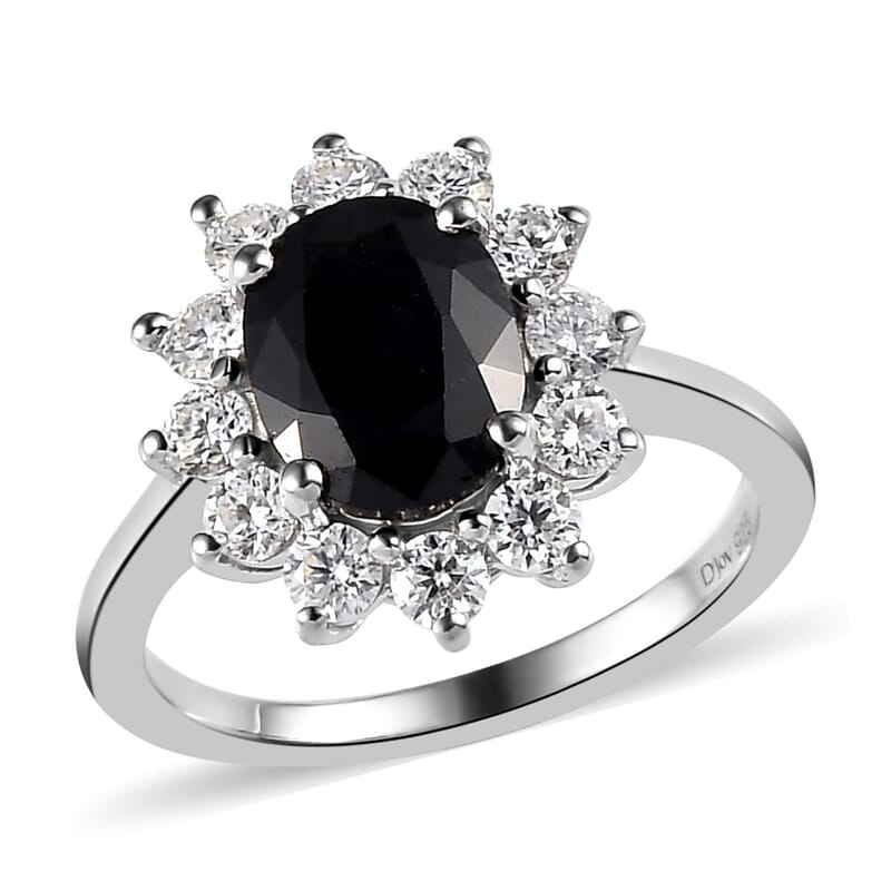 Midnight Sapphire and Moissanite Sunburst Ring in Platinum Over Sterling Silver (Size 10.0) 3.25 ctw
