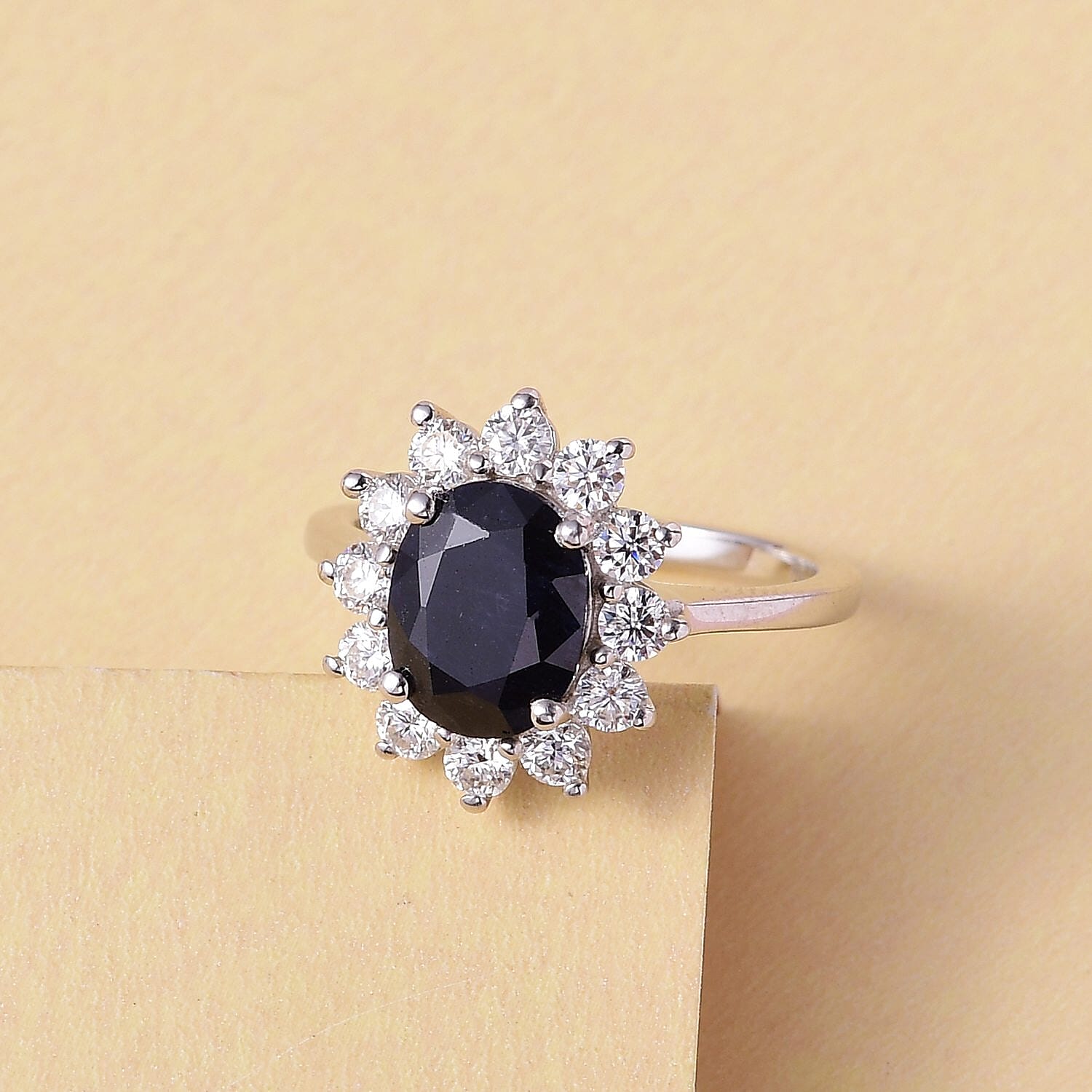 Midnight Sapphire and Moissanite Sunburst Ring in Platinum Over Sterling Silver (Size 10.0) 3.25 ctw