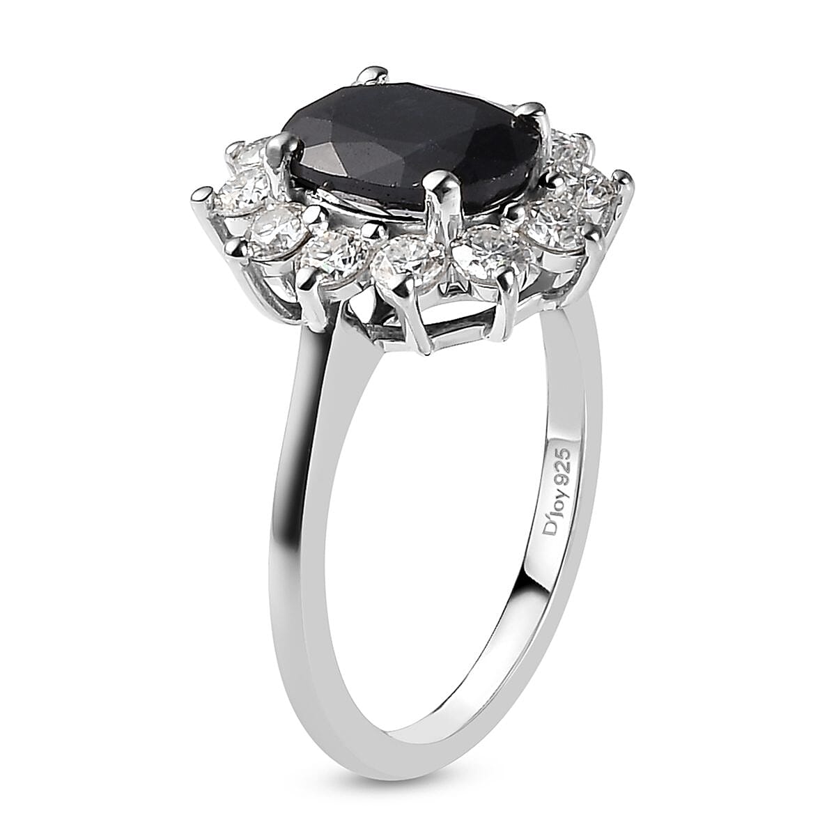 Midnight Sapphire and Moissanite Sunburst Ring in Platinum Over Sterling Silver (Size 10.0) 3.25 ctw