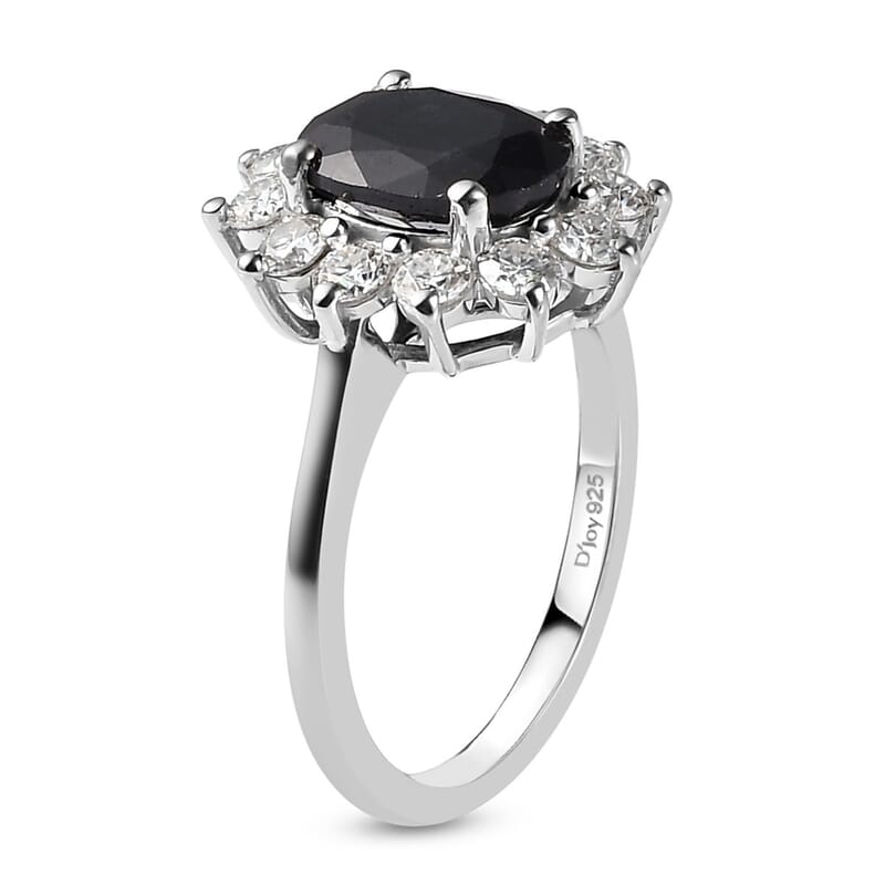 Midnight Sapphire and Moissanite Sunburst Ring in Platinum Over Sterling Silver (Size 10.0) 3.25 ctw