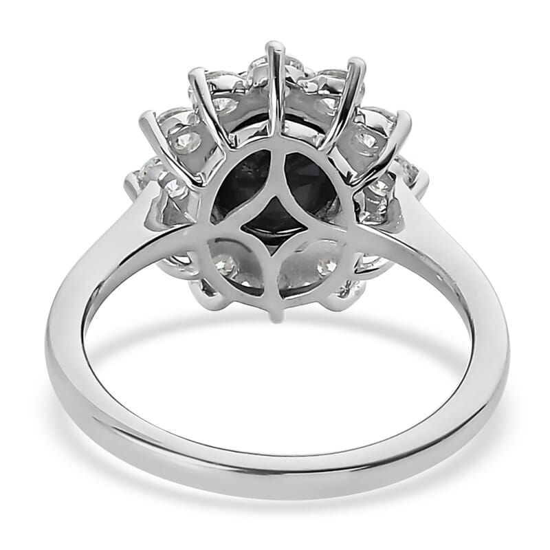 Midnight Sapphire and Moissanite Sunburst Ring in Platinum Over Sterling Silver (Size 10.0) 3.25 ctw