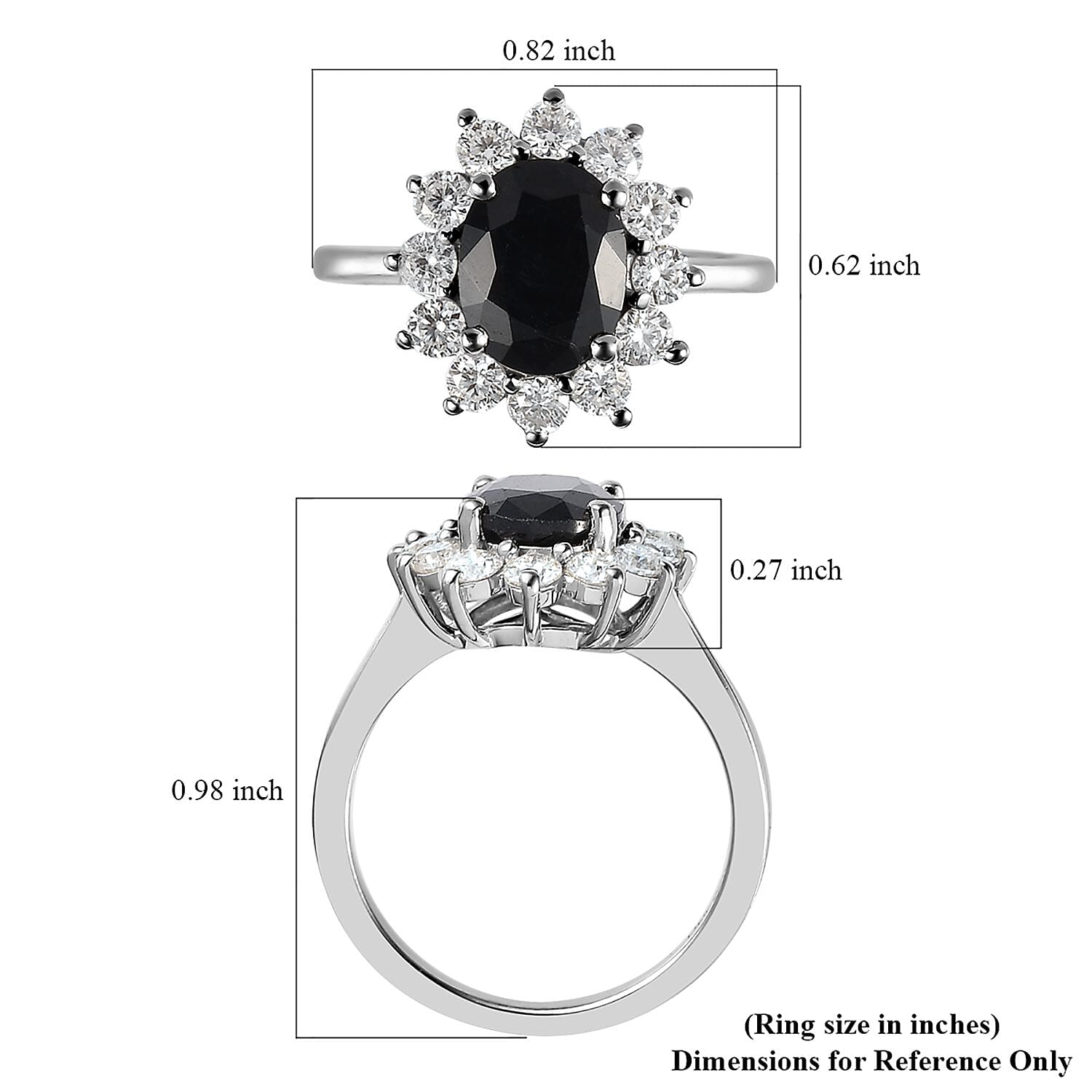 Midnight Sapphire and Moissanite Sunburst Ring in Platinum Over Sterling Silver (Size 10.0) 3.25 ctw