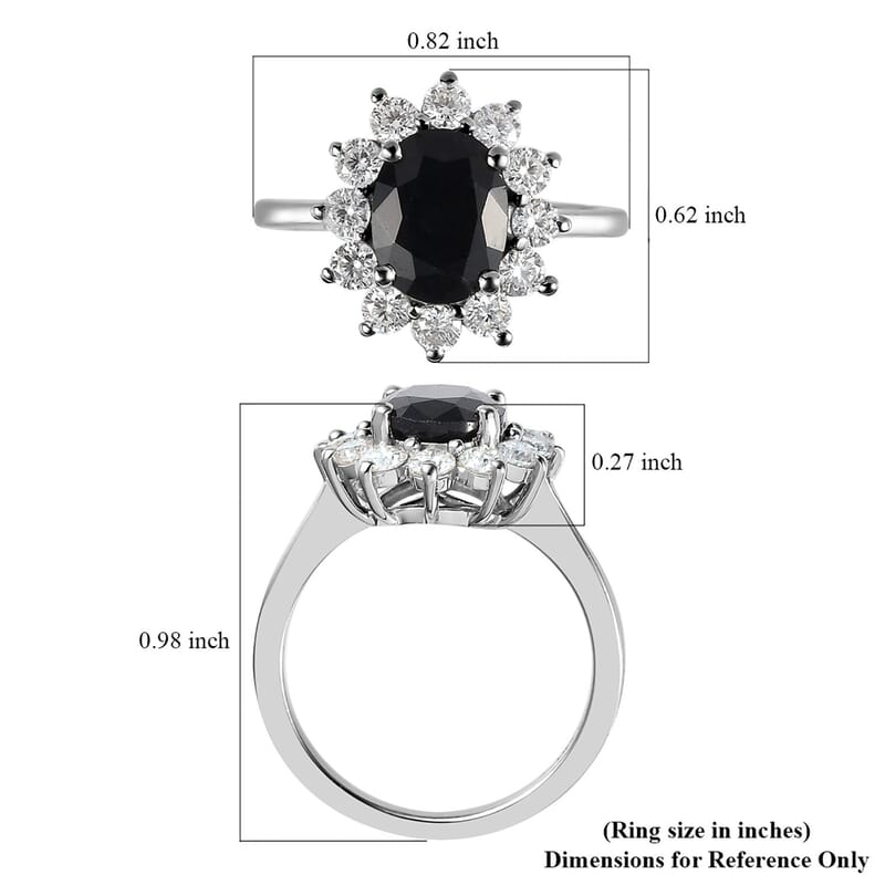 Midnight Sapphire and Moissanite Sunburst Ring in Platinum Over Sterling Silver (Size 10.0) 3.25 ctw