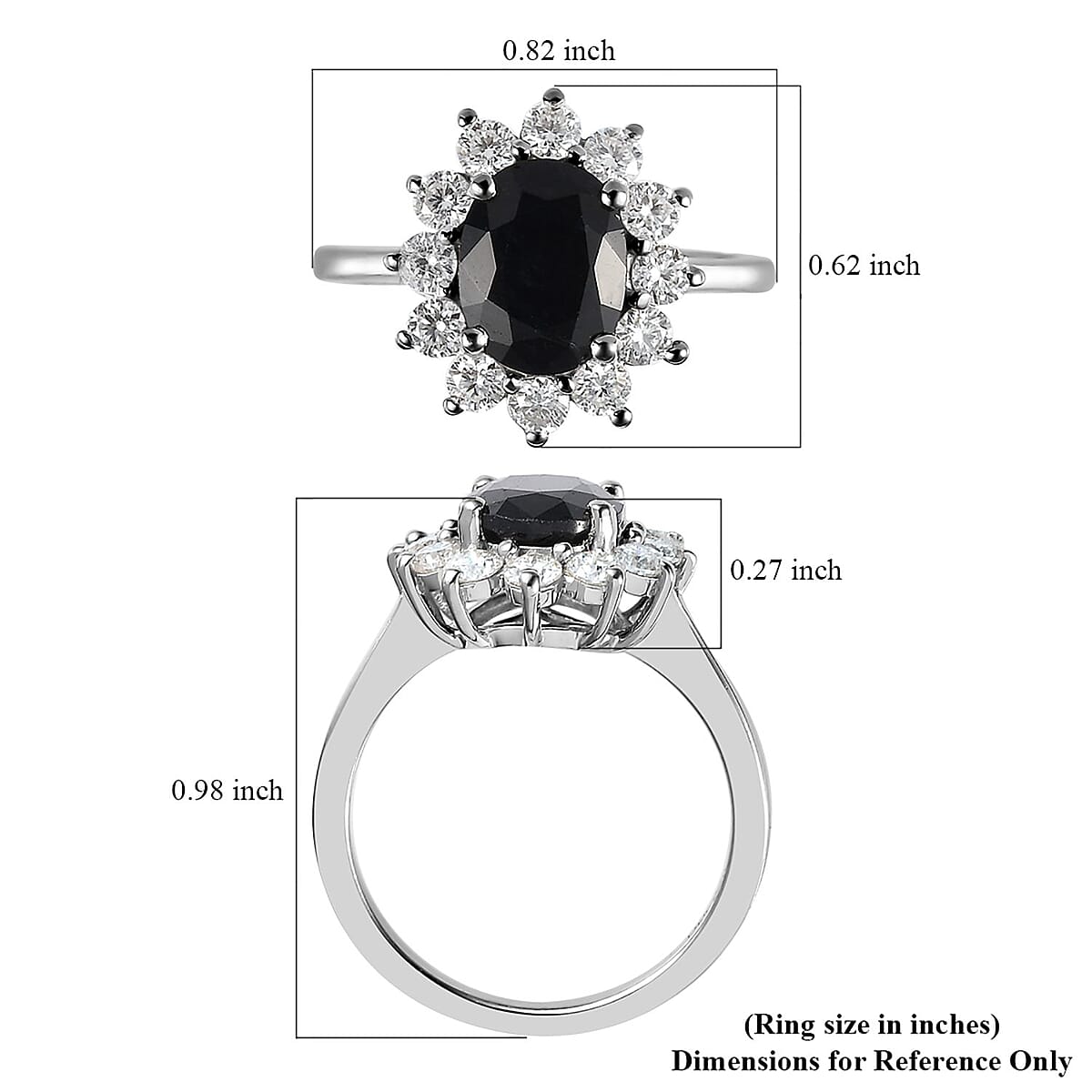 Midnight Sapphire and Moissanite Sunburst Ring in Platinum Over Sterling Silver (Size 9.0) 3.25 ctw image number 4