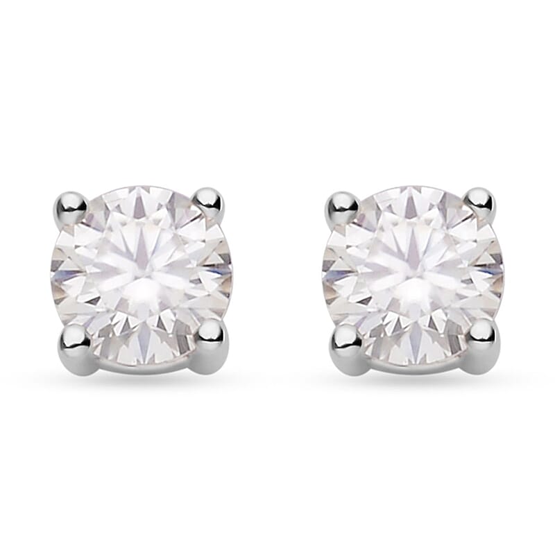 Moissanite Solitaire Stud Earrings in Rhodium Over Sterling Silver 0.90 ctw
