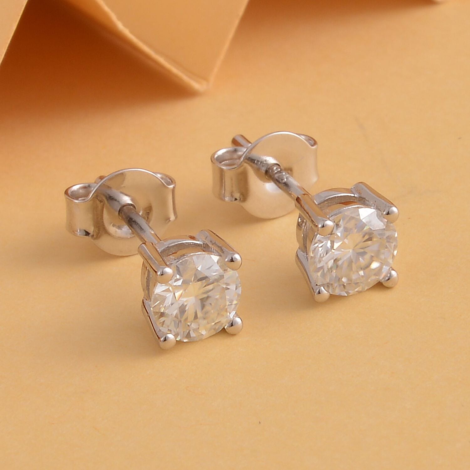 Moissanite Solitaire Stud Earrings in Rhodium Over Sterling Silver 0.90 ctw