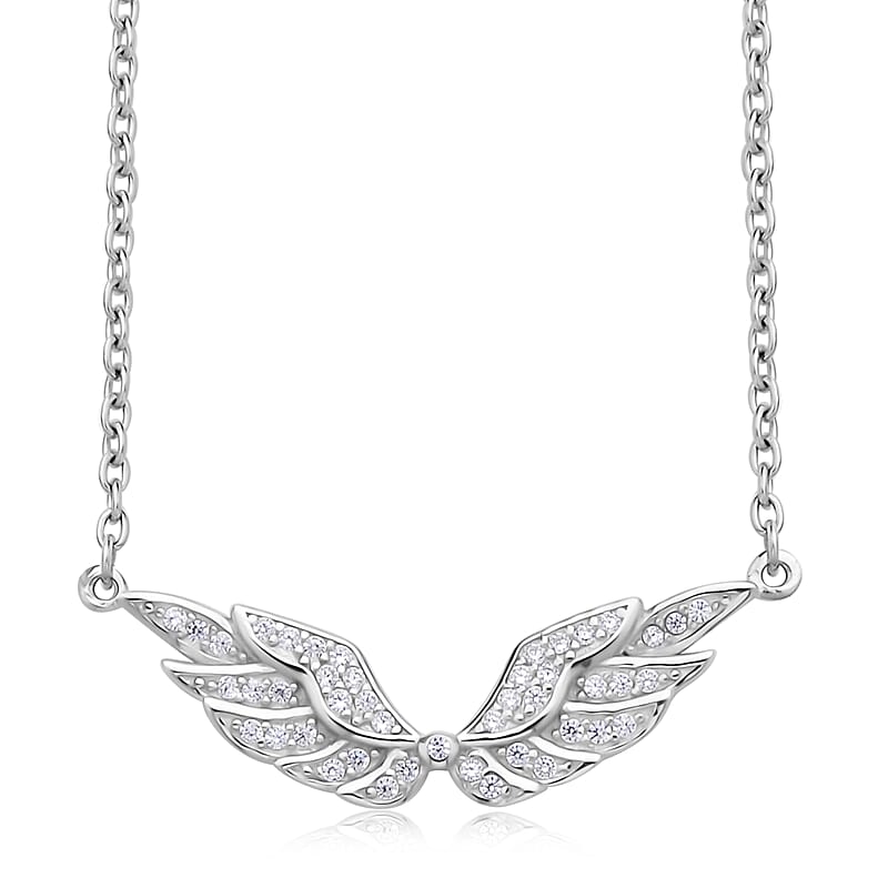 Simulated Diamond Angel Wing Necklace 20 Inches in Rhodium Over Sterling Silver 0.30 ctw