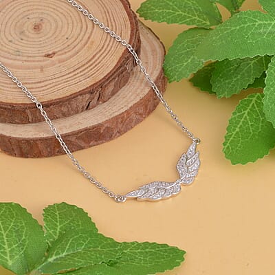 Simulated Diamond Angel Wing Necklace 20 Inches in Rhodium Over Sterling Silver 0.30 ctw