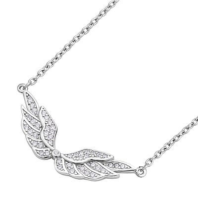 Simulated Diamond Angel Wing Necklace 20 Inches in Rhodium Over Sterling Silver 0.30 ctw