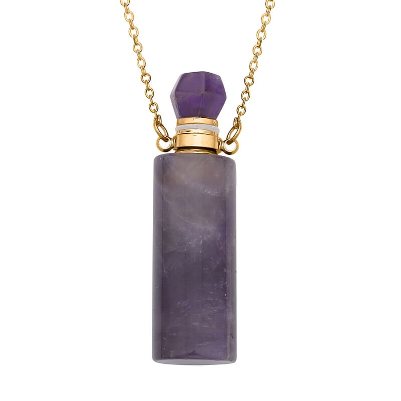 Amethyst Perfume Bottle Pendant Necklace (18-20 Inches) in ION Plated YG Stainless Steel 88.00 ctw | Tarnish-Free, Waterproof, Sweat Proof Jewelry
