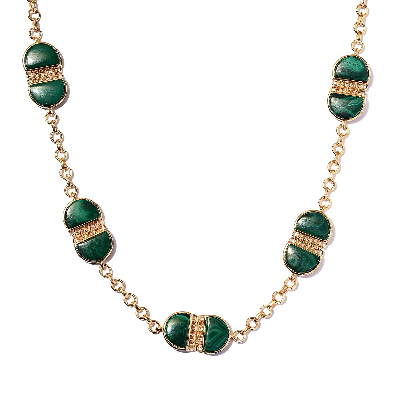 African Malachite Necklace 24 Inches in Vermeil Yellow Gold Over Sterling Silver 30.65 Grams 55.50 ctw