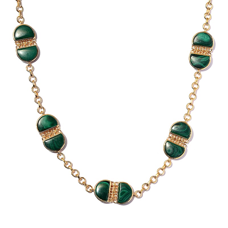 African Malachite Necklace 24 Inches in Vermeil Yellow Gold Over Sterling Silver 30.65 Grams 55.50 ctw
