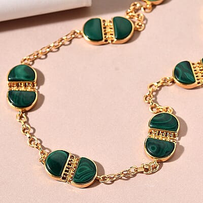 African Malachite Necklace 24 Inches in Vermeil Yellow Gold Over Sterling Silver 30.65 Grams 55.50 ctw