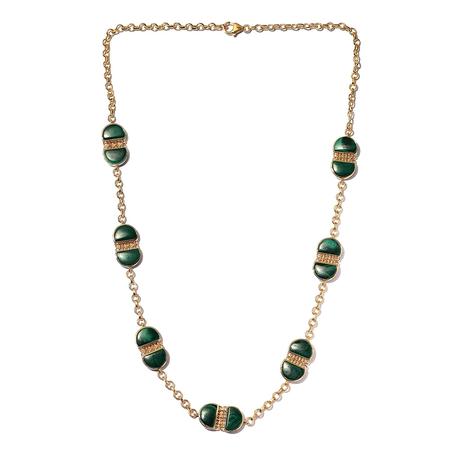 African Malachite Necklace 24 Inches in Vermeil Yellow Gold Over Sterling Silver 30.65 Grams 55.50 ctw