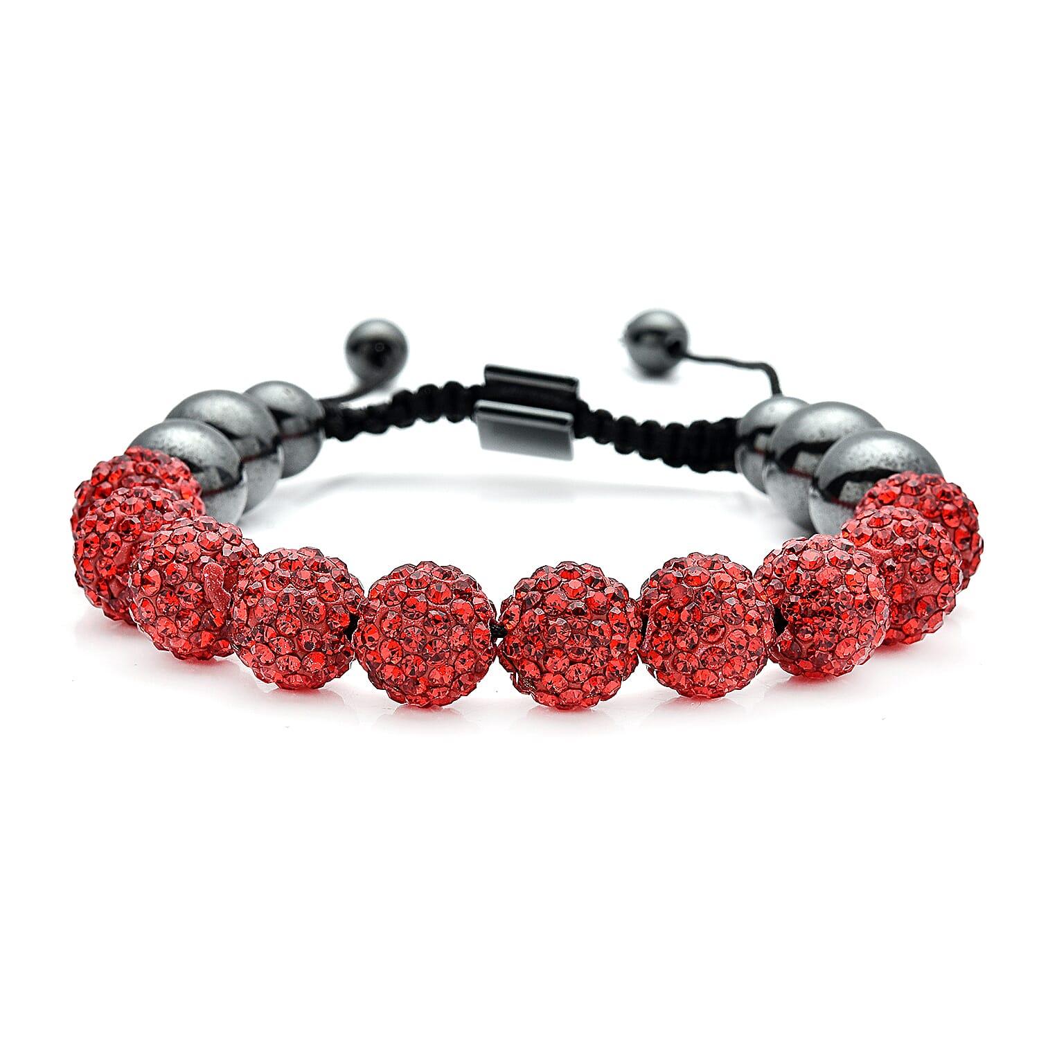 Hematite and Ruby Color Austrian Crystal Shamballa Adjustable Beaded Bracelet