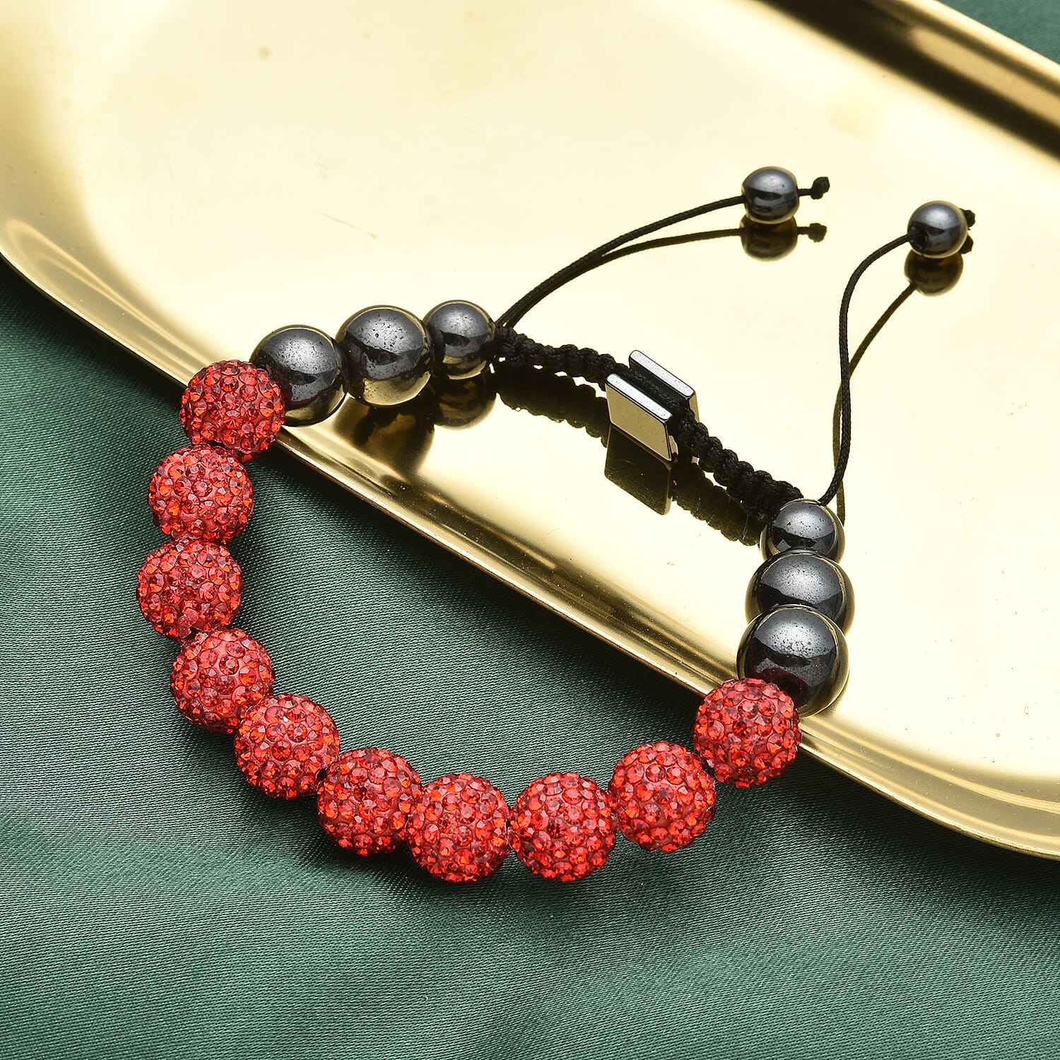 Hematite and Ruby Color Austrian Crystal Shamballa Adjustable Beaded Bracelet
