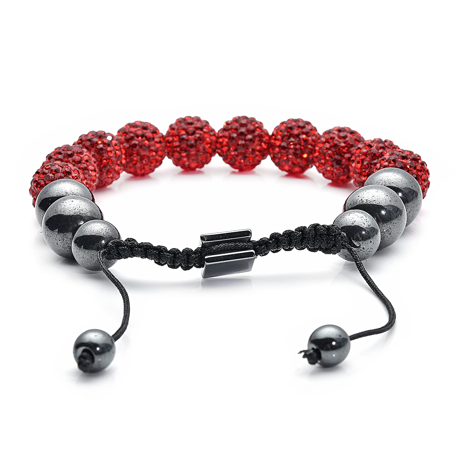Hematite and Ruby Color Austrian Crystal Shamballa Adjustable Beaded Bracelet