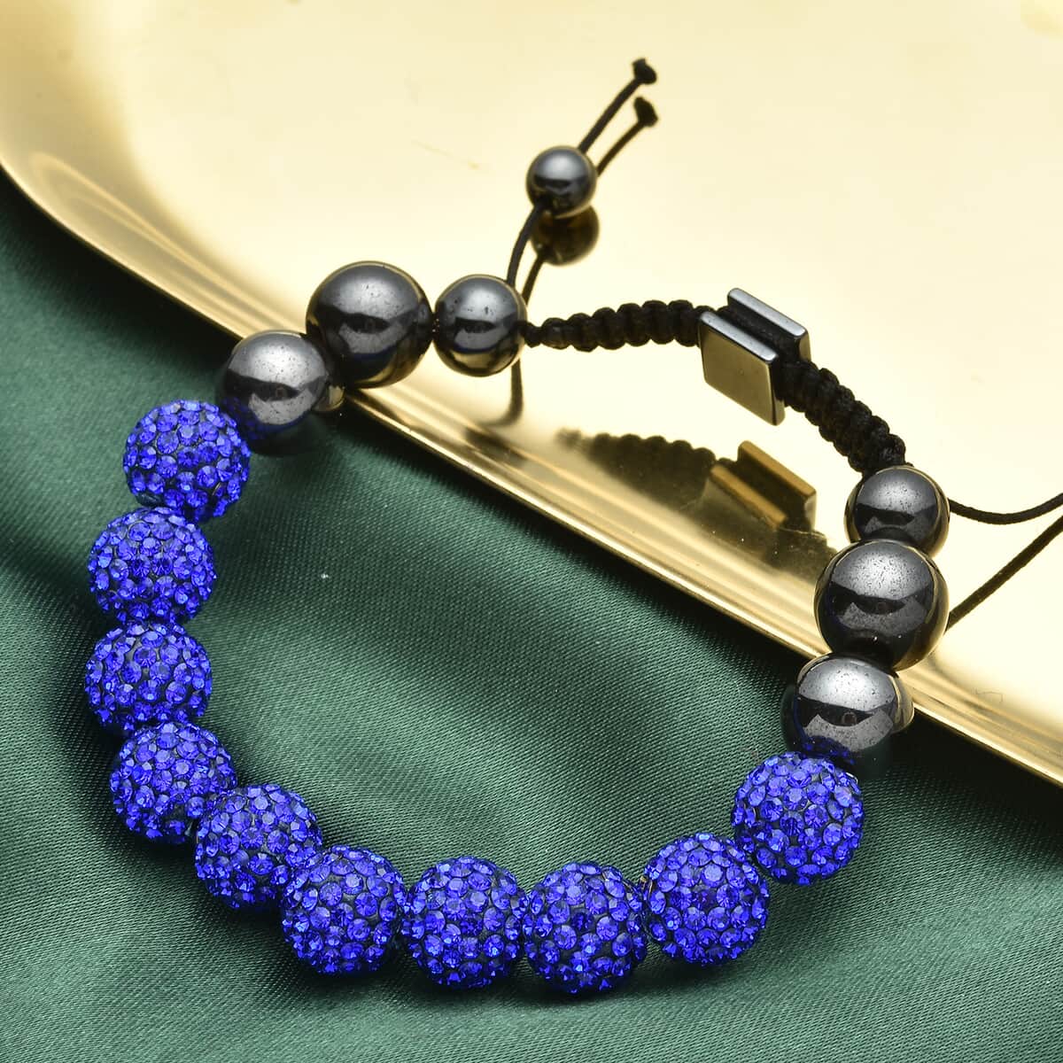 Hematite and Royal Blue Austrian Crystal Shamballa Adjustable Beaded Bracelet image number 1