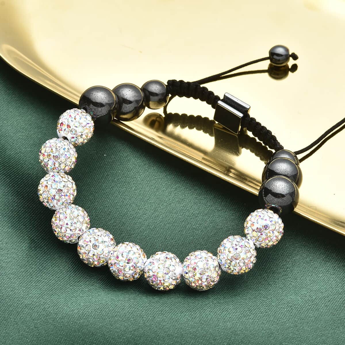 Hematite and Austrian Crystal Shamballa Adjustable Beaded Bracelet image number 1