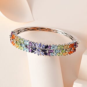 Multi Gemstone 10.35 ctw Bracelet in Platinum Over Sterling Silver, Silver Bangles, Birthday Gifts For Her (6.50 in)