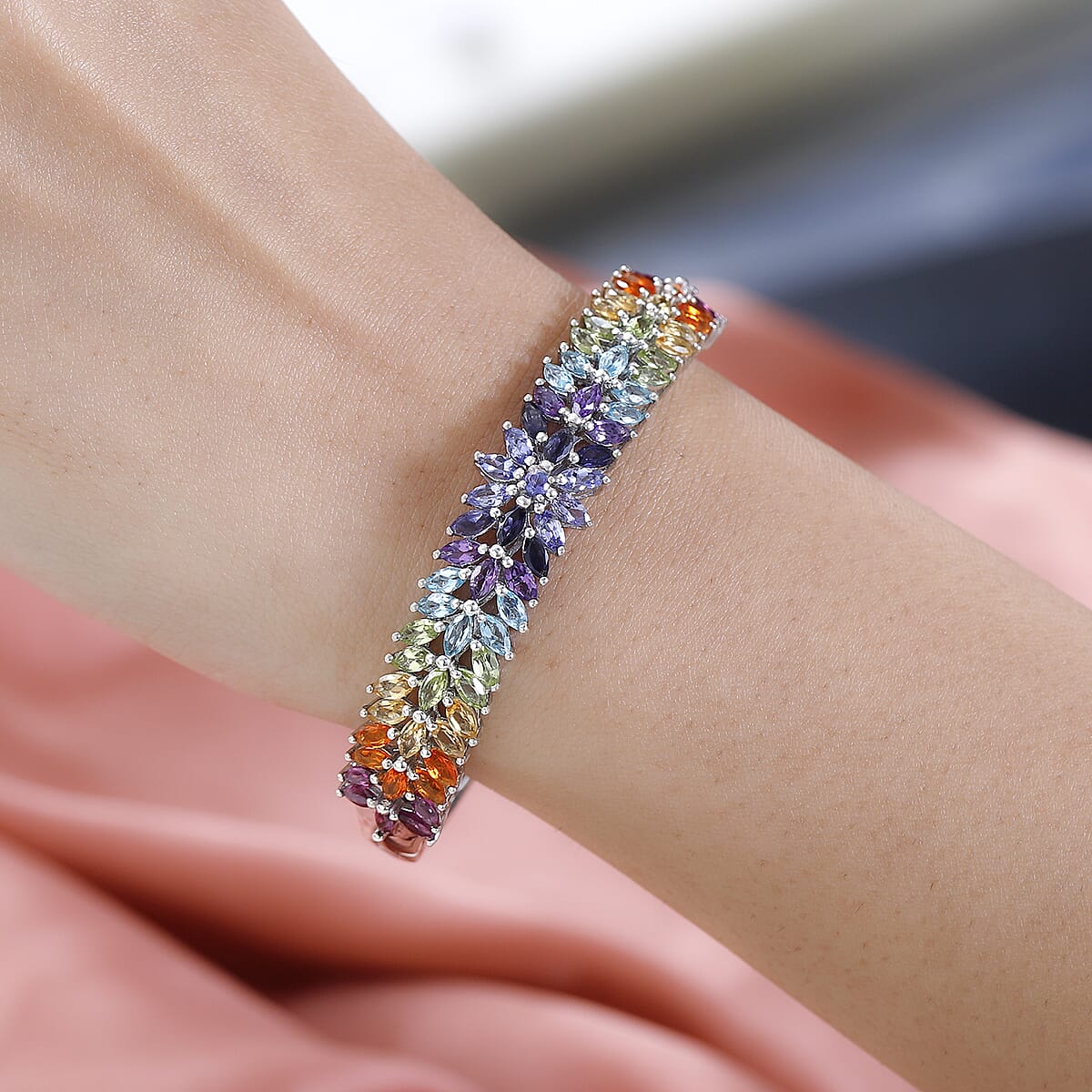 Multi Gemstone 10.35 ctw Bracelet in Platinum Over Sterling Silver, Silver Bangles, Birthday Gifts For Her (6.50 in) image number 2